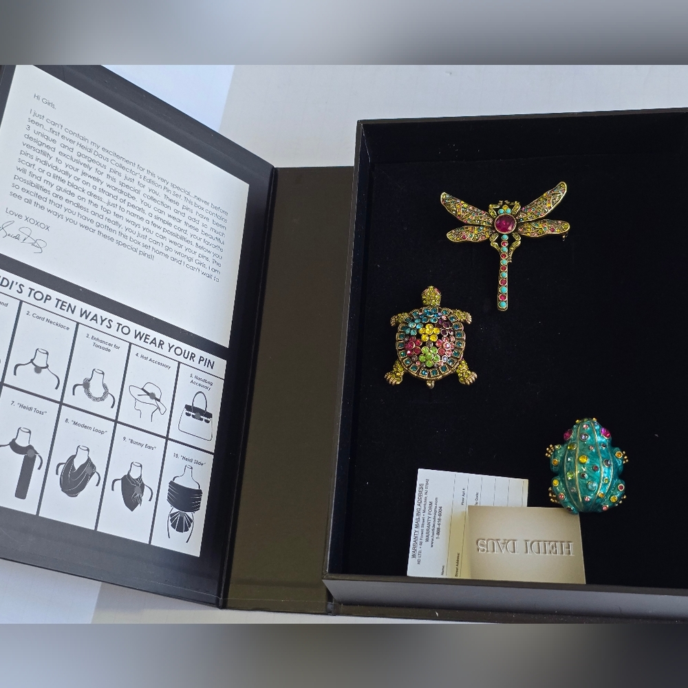Heidi Daus Brooch Collection 1 Turtle, Frog,  Dragonfly Brooch Box Set